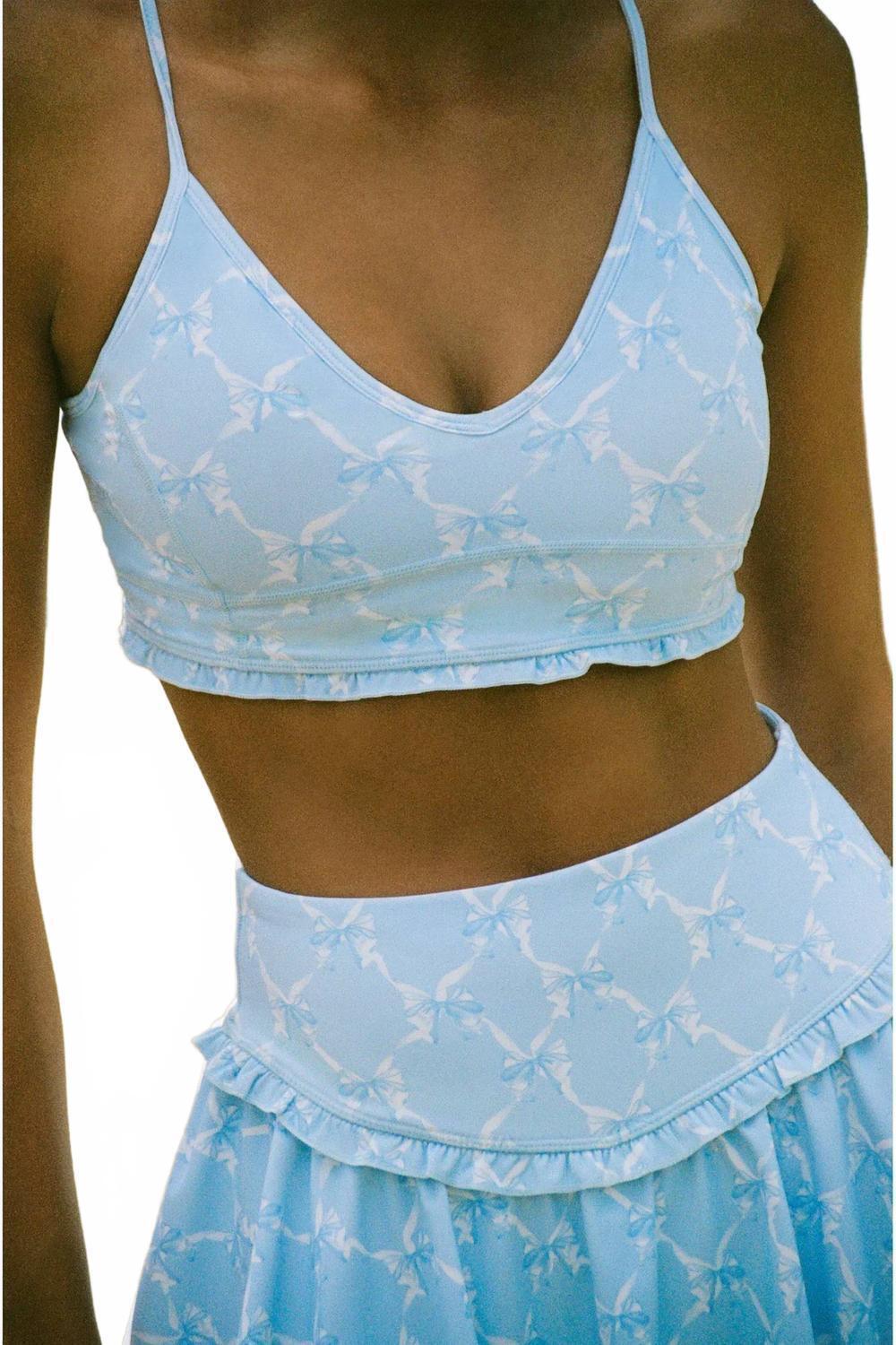 New Loveshackfancy Erza Bow Print Active Bra In Blue